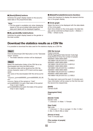 Page 939293
■ [Stack]/[Ratio] buttons
Switches the graph display based on the accumu-
lated data or the proportional data.
Note: The line graph is available only when displaying 
•	
based on the accumulated data (stack) and the 
data point labels will be displayed together.
■ [By gender]/[By total] buttons
Switches the graph display based on the gender or 
the total number.
Step 1
Click the [Download CSV file] button on the "Generate 
report" window. The folder selection window will be displayed.
 
→...
