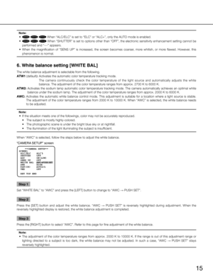 Page 1515
Note:
	 •	CW324L
CW314L
CW304L
CF314L
CF304L
 
CW324L
CW314L
CW304L
CF314L
CF304L
 
CW324L
CW314L
CW304L
CF314L
CF304L When “ALC/ELC” is set to “ELC” or “ALC+”, only the AUTO mode is enabled.  
	 •	
CW324L
CW314L
CW304L
CF314L
CF304L
 
CW324L
CW314L
CW304L
CF314L
CF304L
 
CW324L
CW314L
CW304L
CF314L
CF304L  When “SHUTTER” is set to options other than “OFF”, the electronic sensitivity enhancement setting cannot be 
performed and “---” appears.
	 •	 When	 the	magnification	 of	“SENS	 UP”	is	increased,...