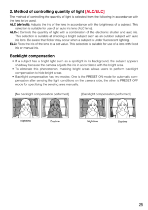 Page 2525
2. Method of controlling quantity of light [ALC/ELC]
The method of controlling the quantity of light is selected from the following in accordance with
the lens to be used. 
ALC (default):Adjusts the iris of the lens in accordance with the brightness of a subject. This
selection is suitable for use of an auto iris lens (ALC lens). 
ALC+:Controls the quantity of light with a combination of the electronic shutter and auto iris.
This selection is suitable at shooting a bright subject such as an outdoor...