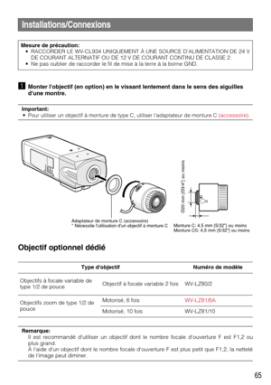 Page 6565
Installations/Connexions
zMonter lobjectif (en option) en le vissant lentement dans le sens des aiguilles
dune montre.
Important:
•Pour utiliser un objectif à monture de type C, utiliser ladaptateur de monture C (accessoire).
Objectif optionnel dédié
Adaptateur de monture C (accessoire)
* Nécessite lutilisation dun objectif à monture CMonture C: 4,5 mm {5/32} ou moins
Monture CS: 4,5 mm {5/32} ou moins
Ø20 mm {Ø3/4} ou moins
Type dobjectif Numéro de modèle
Objectifs à focale variable de
type 1/2 de...