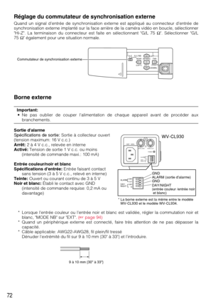 Page 7272
Réglage du commutateur de synchronisation externe
Quand un signal dentrée de synchronisation externe est appliqué au connecteur dentrée de
synchronisation externe implanté sur la face arrière de la caméra vidéo en boucle, sélectionner
Hi-Z. La terminaison du connecteur est faite en sélectionnant G/L 75 Ω. Sélectionner G/L
75Ω également pour une situation normale.
Borne externe
Important:
• Ne pas oublier de couper lalimentation de chaque appareil avant de procéder aux
branchements.
Sortie dalarme...