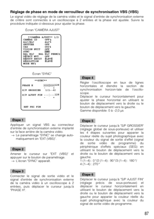 Page 8787
Réglage de phase en mode de verrouilleur de synchronisation VBS (VBS)
Le signal vidéo de réglage de la caméra vidéo et le signal dentrée de synchronisation externe
de critère sont connectés à un oscilloscope à 2 entrées et la phase est ajustée. Suivre la
procédure indiquée ci-dessous pour ajuster la phase.
   **CAMÉRA AJUST** 1/2
CAMÉRA ID     OFF    
ALC/ELC       ALC    
SHUTTER       OFF
CAG           OUI
VISION NUIT   OFF
SYNC          INT
BAL BLC   BAL BLC PERM1
DÉTECT MVT    OFF
RÉDUCT BRUIT...