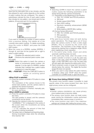 Page 1818
 Note	 that	the	total	 patrol	 time	is	two	 minutes,	 and	the	
time allowed for each routine depends on the number 
of  patrol  routines  that  are  configured.  The  values  in 
parentheses  indicate  the  time  of  each  patrol  routine 
(two	 minutes	 for	one	 pattern,	 one	minute	 each	for	two	
patterns,	30	seconds	each	for	four	patterns).	
  
If  you  want  to  change  the  number  of  patrol  routines 
f ro m   a   p re v i o u s   s e t t i n g ,   f i r s t   d e l e t e   a l l   o f   t h e...