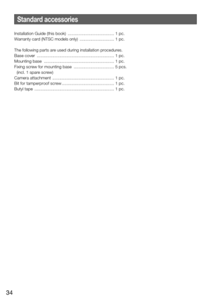 Page 3434
Standard accessories
Installation Guide (this book)  ....................................... 1 pc.
Warranty card (NTSC models only)   ............................. 1 pc.
The following parts are used during installation procedures.
Base cover   .................................................................  1 pc.
Mounting base   ...........................................................  1 pc.
Fixing screw for mounting base   .................................. 5 pcs.
  (incl. 1 spare screw)
Camera...