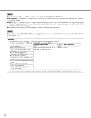 Page 2626
Step 3
Move the cursor to "C/L ← → B/W" and select the back focus adjustment type from the following: 
AUTO  (default):  Adjusts  the  back  focus  function  automatically  and  corrects  out  of  focus  when  switching  between  color  and  black- and-white images. 
PRESET:  Performs  the  preset  movement  to  each  specified  back  focus  position  when  switching  between  color  and  black-and-white  images.  The  preset  position  is  the  back  focus  position  specified  last  time,...