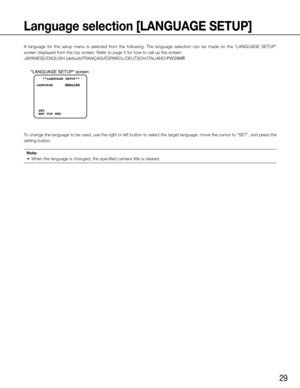 Page 2929
Language selection [LANGUAGE SETUP]
A  language  for  the  setup  menu  is  selected  from  the  following:  The  language  selection  can  be  made  on  the  "LANGUAGE  SETUP" 
screen displayed from the top screen. Refer to page 5 for how to call up the screen. 
JAPANESE/ENGLISH (default)/FRANÇAIS/ESPAÑOL/DEUTSCH/ITALIANO/êìëëäàâ
To change the language to be used, use the right or left button to select\
 the target language, move the cursor to "SET", and press the 
setting button....