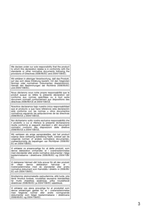 Page 33
We declare under our sole responsibility that the product 
to  which  this  declaration  relates  is  in  conformity  with  the 
standards  or  other  normative  documents  following  the 
provisions of Directives 2006/95/EC and 2004/108/EC.
Nosotros declaramos bajo nuestra única responsabilidad 
que  el  producto  a  que  hace  referencia  esta  declaración 
está  conforme  con  las  normas  u  otros  documentos 
normativos  siguiendo  las  estipulaciones  de  las  directivas 
2006/95/CE y...