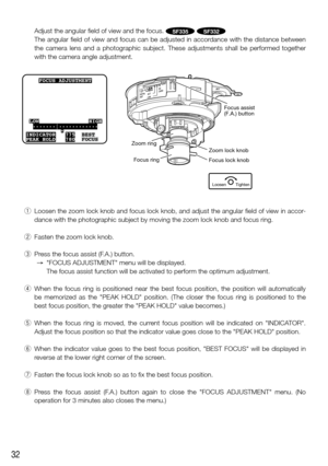 Page 3232
 Adjust the angular field of view and the focus. SF335SF332
 The  angular  field  of  view  and  focus  can  be  adjusted  in  accordance  with  the  distance  between 
the  camera  lens  and  a  photographic  subject.  These  adjustments  shall  be  performed  together 
with the camera angle adjustment. 
    FOCUS ADJUSTMENT    
   
 LOW       HIGH
  .......
|............
INDICATOR   775   BEST
 
PEAK HOLD   780   FOCUS
Zoom lock knob
Focus lock knob
Focus ring
Zoom ring
Loosen
Tighten
Focus assist...
