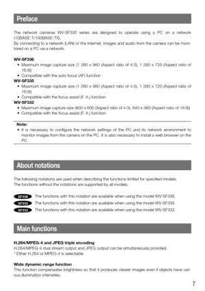 Page 77
The  network  cameras  WV-SF330  series  are  designed  to  operate  using  a  PC  on  a  network 
(10BASE-T/100BASE-TX). 
By connecting to a network (LAN) or the Internet, images and audio from the camera can be moni-
tored on a PC via a network. 
WV-SF336
	 •	 Maximum	image	capture	 size	(1	280	 x	960	 (Aspect	 ratio	of	4:3),	 1	280	 x	720	 (Aspect	 ratio	of	
16:9))
	 •	 Compatible	with	the	auto	focus	(AF)	function
WV-SF335
	 •	 Maximum	 image	capture	 size	(1	280	 x	960	 (Aspect	 ratio	of	4:3),	 1...