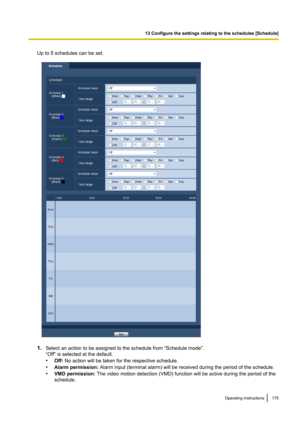 Page 175Up to 5 schedules can be set.
1.Select an action to be assigned to the schedule from “Schedule mode”.
“Off” is selected at the default.
• Off:  No action will be taken for the respective schedule.
• Alarm permission:  Alarm input (terminal alarm) will be received during the period of the schedule.
• VMD permission:  The video motion detection (VMD) function will be active during the period of the
schedule.
Operating Instructions175
13 Configure the settings relating to the schedules [Schedule]   