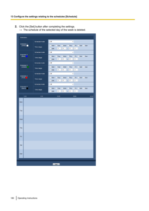 Page 1802.Click the [Set] button after completing the settings.
→ The schedule of the selected day of the week is deleted.180Operating Instructions
13 Configure the settings relating to the schedules [Schedule]   