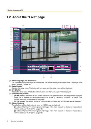 Page 101.2  About the “Live” page
[select language] pull-down-menu
The camera’ s display language can be selected. The default language can be set in the [ Language] in the
[Basic] settings. ( ®page 38)
[Setup] button *1
Displays the setup menu. The button will turn green and the setup menu will be displayed.
[Live] button
Display the “Live” page. The button will turn green and the “Live” page will be displayed.
[Compression] buttons
• [H.264 ] button:  The letters  “H.264” on the button will turn green and an...