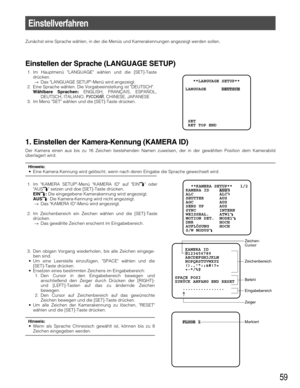 Page 5959
Einstellverfahren
Zunächst eine Sprache wählen, in der die Menüs und Kamerakennungen angezeigt werden sollen.
Einstellen der Sprache (LANGUAGE SETUP)
1. Im Hauptmenü LANGUAGE wählen und die [SET]-Taste
drücken.
→Das LANGUAGE SETUP-Menü wird angezeigt.
2. Eine Sprache wählen. Die Vorgabeeinstellung ist DEUTSCH.
Wählbare Sprachen:ENGLISH, FRANÇAIS, ESPAÑOL,
DEUTSCH, ITALIANO, PìCCKàâ, CHINESE, JAPANESE
3. Im Menü SET wählen und die [SET]-Taste drücken.
1. Im KAMERA SETUP-Menü KAMERA ID auf EINO oder...