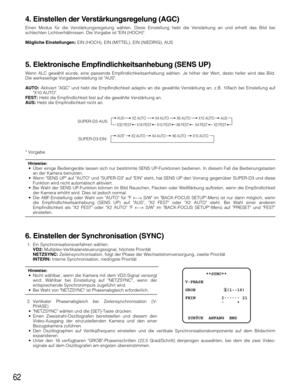 Page 6262
4. Einstellen der Verstärkungsregelung (AGC)
Einen Modus für die Verstärkungsregelung wählen. Diese Einstellung hebt die Verstärkung an und erhellt das Bild bei
schlechten Lichtverhältnissen. Die Vorgabe ist EIN (HOCH).
Mögliche Einstellungen:EIN (HOCH), EIN (MITTEL), EIN (NIEDRIG), AUS
5. Elektronische Empfindlichkeitsanhebung (SENS UP)
Wenn ALC gewählt wurde, eine passende Empfindlichkeitsanhebung wählen. Je höher der Wert, desto heller wird das Bild.
Die werksseitige Vorgabeeinstellung ist AUS....