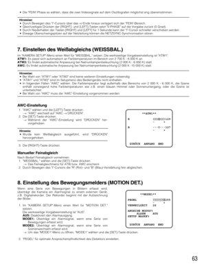 Page 6363
•Die FEIN-Phase so wählen, dass die zwei Videosignale auf dem Oszillografen möglichst eng übereinstimmen.
Hinweise:•Durch Bewegen des I-Cursors über das +/-Ende hinaus verlagert sich der FEIN-Bereich.
•Gleichzeitiges Drücken der [RIGHT]- und [LEFT]-Tasten setzt V-PHASE auf die Vorgabe zurück (0 Grad).
•Durch Niederhalten der Tasten [RIGHT] und [LEFT] für 1 Sekunde kann der I-Cursor schneller verschoben werden.
•Etwaige Überschwingspitzen auf der Netzleitung können die NETZSYNC-Synchronisation stören....