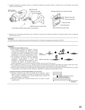 Page 8383
4. Installer solidement la caméra vidéo sur la platine de fixation de caméra vidéo en utilisant les 3 vis de fixation de caméra
vidéo (en accessoires).
5. Retirer la vis du bossage de fixation pour le câble de sécurité de la platine de fixation de caméra vidéo et fixer le câble de
sécurité avec la vis.
Important:• Confirmer que le câble de sécurité est fermement fixé. Couple de serrage recommandé: 0,59 N·m
Important:
• Pour installer ce produit à lextérieur, faire en
sorte dimperméabiliser les câbles....