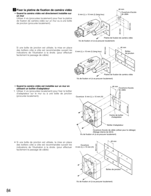 Page 8484
xFixer la platine de fixation de caméra vidéo
• Quand la caméra vidéo est directement installée sur
un mur
Utiliser 4 vis (procurées localement) pour fixer la platine
de fixation de caméra vidéo sur un mur ou à une boîte
de jonction (procurée localement).
Vis de fixation x4 (à se procurer localement)Platine de fixation de caméra vidéo
22 mm
46 mm
83,5 mm
Ouverture daccès 
de câble
6 mm (L) x 10 mm (l) (long trou)
Vis de fixation x4 (à se procurer localement)Boîtes 
de jonction
Platine de fixation de...