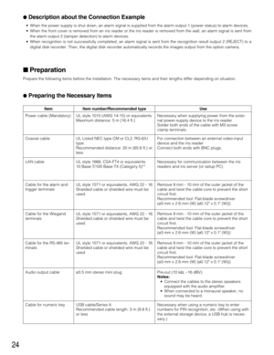 Page 24Power cable (Mandatory)
24
Description about the Connection Example
• When the power supply is shut down, an alarm signal is supplied from the alarm output 1 (power status) to alarm devices.
• When the front cover is removed from an iris reader or the iris reader is removed from the wall, an alarm signal is sent from
the alarm output 2 (tamper detection) to alarm devices.
• When recognition is not successfully completed, an alarm signal is sent from the recognition result output 2 (REJECT) to a
digital...