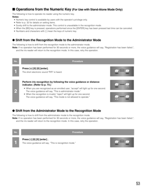 Page 5353
Operations from the Numeric Key (For Use with Stand-Alone Mode Only)
The following is how to operate iris reader using the numeric key.
Notes:
•Numeric key control is available by users with the operator’s privilege only.
•Refer to p. 32 for details on setting items.
•Surely shift to the administrator mode. This control is unavailable in the recognition mode.
•When the [BS] key is pressed, operations performed since the [ENTER] key has been pressed last time can be canceled.
•Numbers and characters...