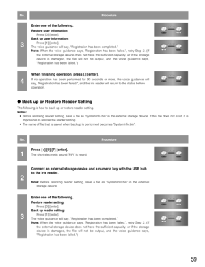 Page 5959
Enter one of the following.
Restore user information:
Press [0] [enter].
Back up user information:
Press [1] [enter].
The voice guidance will say, “Registration has been completed.”
Note:When the voice guidance says, Registration has been failed., retry Step 2. (If
the external storage device does not have the sufficient capacity, or if the storage
device is damaged, the file will not be output, and the voice guidance says,
Registration has been failed.)
3accept reject
accept reject
No.Procedure
4...