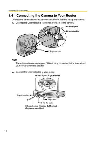 Page 14Installation/Troubleshooting
14
1.4 Connecting the Camera to Your Router
Connect the camera to your router with an Ethernet cable to set up the camera.
1.Connect the Ethernet cable (customer-provided) to the camera.
Note
These instructions assume your PC is already connected to the Internet and 
your network includes a router.
2.Connect the Ethernet cable to your router.
Ethernet port
Ethernet cable
To your router
To a LAN port of your router
Ethernet cable (Straight Cat5 cable)
(Customer-provided)To the...