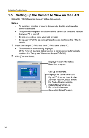 Page 16Installation/Troubleshooting
16
1.5 Setting up the Camera to View on the LAN
Setup CD-ROM allows you to easily set up the camera.
Notes
 To avoid any possible problems, temporarily disable any firewall or 
antivirus software.
 This procedure explains installation of the camera on the same network 
that your PC is part of.
 Before proceeding, close your web browser.
 See page 137 of the Operating Instructions on the Setup CD-ROM for 
details.
1.Insert the Setup CD-ROM into the CD-ROM drive of the PC....