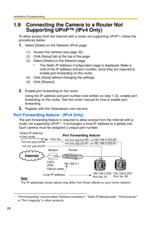 Page 28Installation/Troubleshooting
28
1.9 Connecting the Camera to a Router Not 
Supporting UPnP™ (IPv4 Only)
To allow access from the Internet with a router not supporting UPnPTM, follow the 
procedures below.
1.Select [Static] on the Network (IPv4) page.
2.Enable port forwarding on the router.
Using the IP address and port number note written on step 1-(3), enable port 
forwarding on the router. See the router manual for how to enable port 
forwarding.
3.Register with the Viewnetcam.com service.
Port...