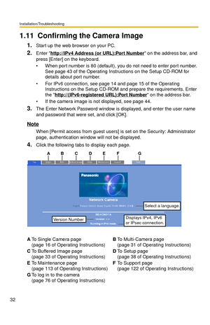 Page 32Installation/Troubleshooting
32
1.11 Confirming the Camera Image
1.Start up the web browser on your PC.
2.Enter http://IPv4 Address (or URL):Port Number on the address bar, and 
press [Enter] on the keyboard.
 When port number is 80 (default), you do not need to enter port number. 
See page 
43 of the Operating Instructions on the Setup CD-ROM for 
details about port number.
 For IPv6 connection, see page 14 and page 15 of the Operating 
Instructions on the Setup CD-ROM and prepare the requirements....