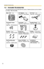 Page 10Installation/Troubleshooting
10
1.2 Included Accessories
The following items are provided with the camera. Additional pieces can be ordered 
by calling 1-800-332-5368.
Main Unit—1 pc.AC Cord—1 pc.
Order No.: PSJA1069Z 
Setup CD-ROM—1 pc.
Order No.: PSQX3511YCD
Flexible Stand—1 pc.
Order No.: PSKL1020W
Installation/
Troubleshooting
(This manual)—1 pc. Screws for 
Flexible Stand—3 pcs.
Order No.: PQHE5004Y
AC Adaptor—1 pc.
Order No.: PQLV202W
Sunshade—1 pc.
Order No.: 
PSKV1051Z1
Putties—1 set (4 pcs.)...