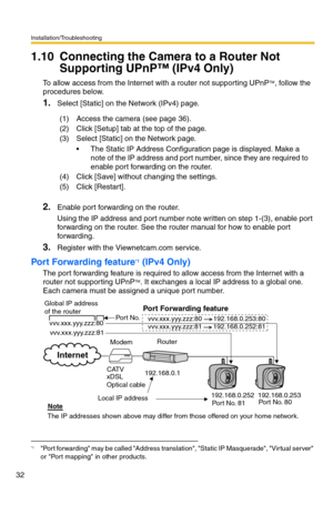 Page 32Installation/Troubleshooting
32
1.10 Connecting the Camera to a Router Not 
Supporting UPnP™ (IPv4 Only)
To allow access from the Internet with a router not supporting UPnPTM, follow the 
procedures below.
1.Select [Static] on the Network (IPv4) page.
2.Enable port forwarding on the router.
Using the IP address and port number note written on step 1-(3), enable port 
forwarding on the router. See the router manual for how to enable port 
forwarding.
3.Register with the Viewnetcam.com service.
Port...