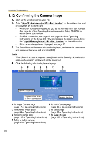 Page 36Installation/Troubleshooting
36
1.12 Confirming the Camera Image
1.Start up the web browser on your PC.
2.Enter http://IPv4 Address (or URL):Port Number on the address bar, and 
press [Enter] on the keyboard.
 When port number is 80 (default), you do not need to enter port number. 
See page 
44 of the Operating Instructions on the Setup CD-ROM for 
details about port number.
 For IPv6 connection, see page 15 and page 16 of the Operating 
Instructions on the Setup CD-ROM and prepare the requirements....