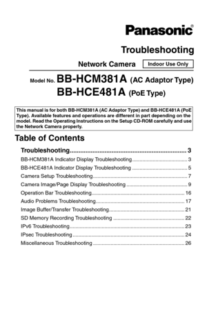 Page 1Troubleshooting
Network Camera
Model No.BB-HCM381A (AC Adaptor Type)
BB-HCE481A (PoE Type)
Indoor Use Only
Troubleshooting................................................................... 3
BB-HCM381A Indicator Display Troubleshooting ...................................... 3
BB-HCE481A Indicator Display Troubleshooting ...................................... 5
Camera Setup Troubleshooting ................................................................. 7
Camera Image/Page Display Troubleshooting...
