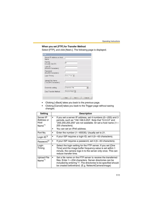 Page 111Operating Instructions
111
When you set [FTP] for Transfer Method
Select [FTP], and click [Next>]. The following page is displayed.
 Clicking [