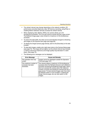 Page 16Operating Instructions
16
 The refresh interval may change depending on the network condition, PC 
performance and what object you view. SD memory recording, using IPsec or 
enabling Motion Detection will also increase the refresh interval.
 When displaying video (Motion JPEG), the camera allows up to 30 
simultaneous accesses. The 31st user trying to access will see a gray screen. 
The Buffered Image page is also limited to a maximum of 30 simultaneous 
accesses.
 To reduce the data traffic, the...