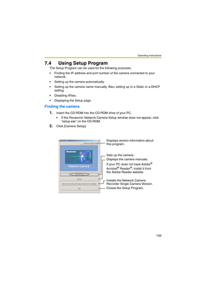 Page 156Operating Instructions
156
7.4 Using Setup Program
The Setup Program can be used for the following purposes.
 Finding the IP address and port number of the camera connected to your 
network.
 Setting up the camera automatically.
 Setting up the camera name manually. Also, setting up to a Static or a DHCP 
setting.
 Disabling IPsec.
 Displaying the Setup page.
Finding the camera
1.
Insert the CD-ROM into the CD-ROM drive of your PC.
 If the Panasonic Network Camera Setup window does not appear,...