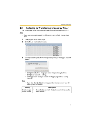 Page 84Operating Instructions
84
4.2 Buffering or Transferring Images by Timer
The Trigger page allows you to enable image buffer/transfer by E-mail or FTP.
Note
 If you are recording images to the SD memory card, refresh interval slows 
down.
1.Click [Trigger] on the Setup page.
2.Click a No. to enable buffer/transfer.
3.Check [Enable Image Buffer/Transfer], select [Timer] for the trigger, and click 
[Next>].
 Click [Delete Buffered Images] to delete images already buffered.
 Click [Save] to save the...