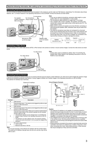 Page 33
You can connect an external microphone and external speaker to the camera to use the Listen and Talk features, respectively. For information about these 
features, see 1.2.9 Audio Features in the Operating Instructions on the CD-ROM. Connect the devices as shown below.
You can connect a TV or other video device (NTSC or PAL format) to the camera to monitor or record camera images. Connect the video device as shown 
below.
The camera’s external I/O interface allows you to connect 2 devices (such as...