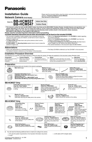 Page 11
Installation Guide
Network Camera (PoE Ready)
• This manual is written for both the BB-HCM527 (Indoor Use Only) and the BB-HCM547 (Outdoor Ready). Available features and operations vary 
slightly depending on the model. You can confirm the model no. of your camera by checking the model no. printed on the front of the camera.
• Model number suffixes (“A” and “CE”) are omitted from the following model numbers shown in this document, unless necessary.
BB-HCM527A, BB-HCM527CE, BB-HCM547A, BB-HCM547CE...