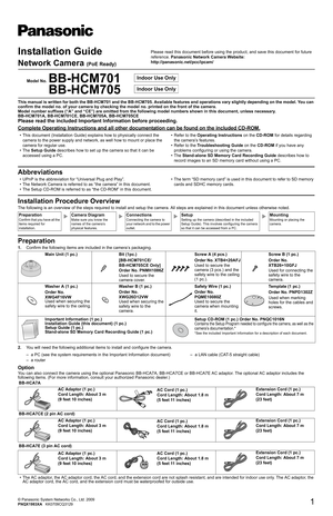 Page 11
Installation Guide
Network Camera (PoE Ready)
This manual is written for both the BB-HCM701 and the BB-HCM705. Available features and operations vary slightly depending on the model. You can 
confirm the model no. of your camera by checking the model no. printed on the front of the camera.
Model number suffixes (“A” and “CE”) are omitted from the following model numbers shown in this document, unless necessary.
BB-HCM701A, BB-HCM701CE, BB-HCM705A, BB-HCM705CE
Please read the included Important...