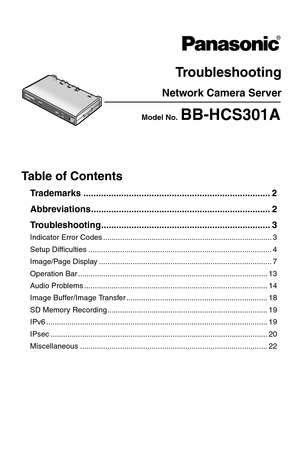 Page 1Troubleshooting
Network Camera Server
Model No.  BB-HCS301A
INDC ININ
INAUDIOUDIOVIDEOVIDEOPOPOWERWER
Ta b l e  o f  C o n t e n t s
Trademarks .......................................................................... 2
Abbreviations....................................................................... 2
Troubleshooting................................................................... 3
Indicator Error Codes ................................................................................ 3
Setup...