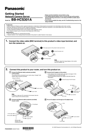 Page 12005 Panasonic Communications Co., Ltd. All Rights Reserved.
PSQX3859ZB  KK0605YT2056
Getting Started
Network Camera Server
Model No.BB-HCS301A
•Please read the Installation manual before using. 
This Getting Started explains how to connect and set up this product.
See the Operating Instructions on the Setup CD-ROM for details about 
the features.
If you cannot complete the setup, see the Troubleshooting manual on the \
Setup CD-ROM.
2.Connect this product to your router, and turn this product on....