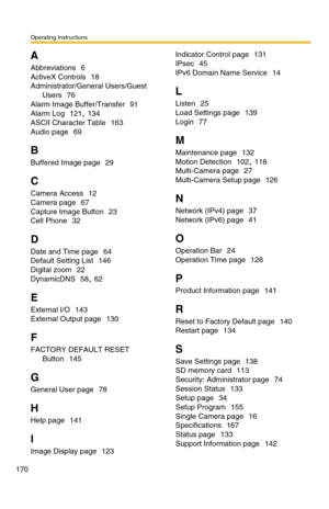 Page 176Operating Instructions
170
A
Abbreviations 6
ActiveX Controls 18
Administrator/General Users/Guest 
Users
 76
Alarm Image Buffer/Transfer 91
Alarm Log 121, 134
ASCII Character Table 163
Audio page 69
B
Buffered Image page 29
C
Camera Access 12
Camera page 67
Capture Image Button 23
Cell Phone 32
D
Date and Time page 64
Default Setting List 146
Digital zoom 22
DynamicDNS 58, 62
E
External I/O 143
External Output page 130
F
FACTORY DEFAULT RESET 
Button
 145
G
General User page 78
H
Help page 141
I
Image...