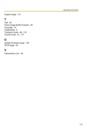 Page 177Operating Instructions
171
Support page 141
T
Talk 25
Timer Image Buffer/Transfer 82
Top page 12
Trademarks 6
Transport mode 48, 116
Tunnel mode 51, 117
U
Update Firmware page 135
UPnP page 55
V
Viewnetcam.com 58 