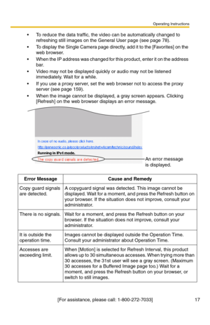 Page 23Operating Instructions
[For assistance, please call: 1-800-272-7033] 17
 To reduce the data traffic, the video can be automatically changed to 
refreshing still images on the General User page (see page 
78).
 To display the Single Camera page directly, add it to the [Favorites] on the 
web browser.
 When the IP address was changed for this product, enter it on the address 
bar.
 Video may not be displayed quickly or audio may not be listened 
immediately. Wait for a while.
 If you use a proxy...