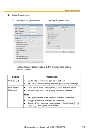 Page 85Operating Instructions
[For assistance, please call: 1-800-272-7033] 79
3.Set each parameter.
 Settings for a general user Settings for guest users
 Clicking [Cancel] takes you back to the previous page without 
saving changes.
SettingDescription
User ID List Up to 50 general users can be registered.
 The list is used to modify or delete general user settings.
User Name/
Password User Name (6 to 15 characters): Enter the user name.
 Password (6 to 15 characters): Enter the password.
Note
The...