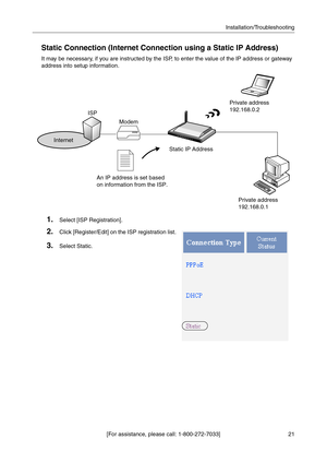 Page 2121 [For assistance, please call: 1-800-272-7033]Installation/Troubleshooting
Static Connection (Internet Connection using a Static IP Address)
It may be necessary, if you are instructed by the ISP, to enter the value of the IP address or gateway 
address into setup information.
1.Select [ISP Registration].
2.Click [Register/Edit] on the ISP registration list.
3.Select Static.
Private address 
192.168.0.2
Private address 
192.168.0.1
InternetISP
Modem
An IP address is set based 
on information from the...