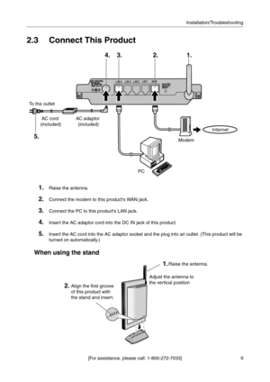 Page 1519 [For assistance, please call: 1-800-272-7033]Installation/Troubleshooting
2.3 Connect This Product
1.Raise the antenna.
2.Connect the modem to this products WAN jack.
3.Connect the PC to this products LAN jack.
4.Insert the AC adaptor cord into the DC IN jack of this product.
5.Insert the AC cord into the AC adaptor socket and the plug into an outlet. (This product will be 
turned on automatically
.)
When using the stand
To the outlet
AC adaptor 
(included) AC cord 
(included)
PCModemInternet
1. 2. 3....