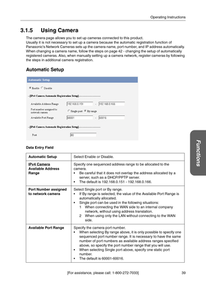 Page 3939 [For assistance, please call: 1-800-272-7033]Operating Instructions
Functions
3.1.5 Using Camera
The camera page allows you to set up cameras connected to this product.
Usually it is not necessary to set up a camera because the automatic registration function of 
Panasonics Network Cameras sets up the camera name, port number, and IP address automatically. 
When changing a camera name, follow the steps on page 
42 - changing the setup of automatically 
registered cameras. Also, when manually setting...