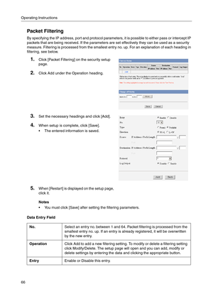 Page 66Operating Instructions
66
Packet Filtering
By specifying the IP address, port and protocol parameters, it is possible to either pass or intercept IP 
packets that are being received. If the parameters are set effectively they can be used as a security 
measure. Filtering is processed from the smallest entry no. up. For an explanation of each heading in 
filtering, see below.
Notes
 You must click [Save] after setting the filtering parameters.
Data Entry Field
1.Click [Packet Filtering] on the security...