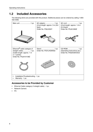 Page 8Operating Instructions
8
1.2 Included Accessories
The following items are provided with this product. Additional pieces can be ordered by calling 1-800-
332-5368.
Accessories to be Provided by Customer
 Ethernet Cable (category 5 straight cable) - 1 pc.
Network Camera
PC
Main unit ........................ 1 pc.AC adaptor..................... 1 pc. 
(Cord length: approx. 3 m (9.8 
feet))
Order No. PQLV202Y
AC cord ......................... 1 pc. 
(Cord length: approx. 1.8 m  
(5.9 feet))
Order No....